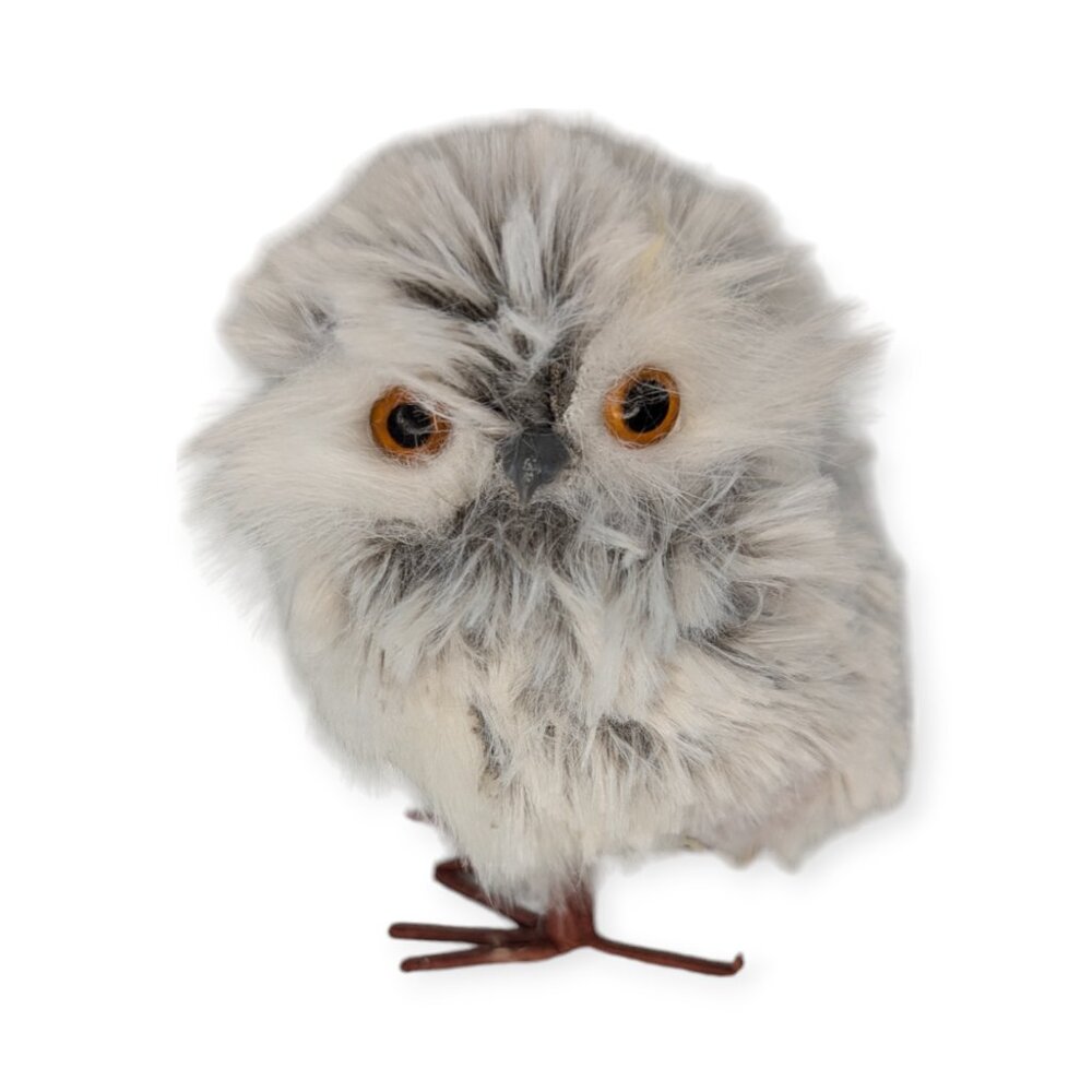 Fluffy Snow Owl with Twisted Metal Legs & Feet 6" Tall